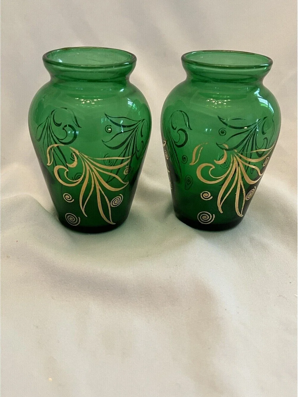 Vintage Anchor Hocking Emerald Green Gold Gilded Mini Vase X 2
